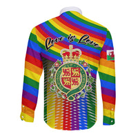 Unisex rainbow long-sleeve button shirt with Love is Love text and Welsh crest back print