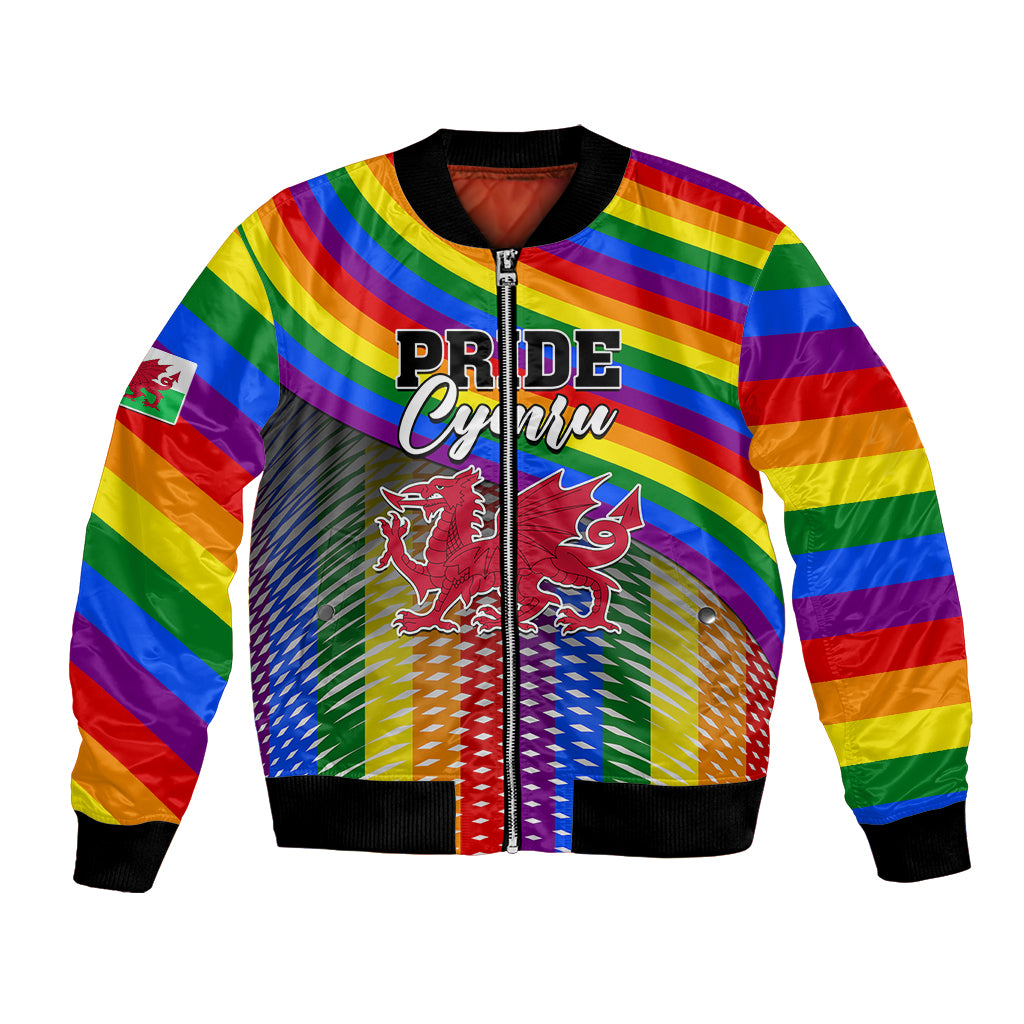 Rainbow Pride Cymru bomber jacket with zip front, crest and dragon Welsh symbols, ribbed cuffs