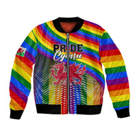 Rainbow Pride Cymru bomber jacket with zip front, crest and dragon Welsh symbols, ribbed cuffs