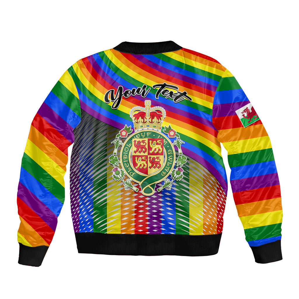Rainbow bomber jacket with crest emblem, 'Pride Cymru' style text, ribbed hem and collar