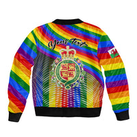 Rainbow bomber jacket with crest emblem, 'Pride Cymru' style text, ribbed hem and collar