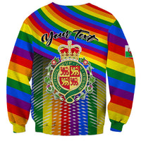 Rainbow pride sweatshirt with 'Your Text' and Welsh crest badge front print