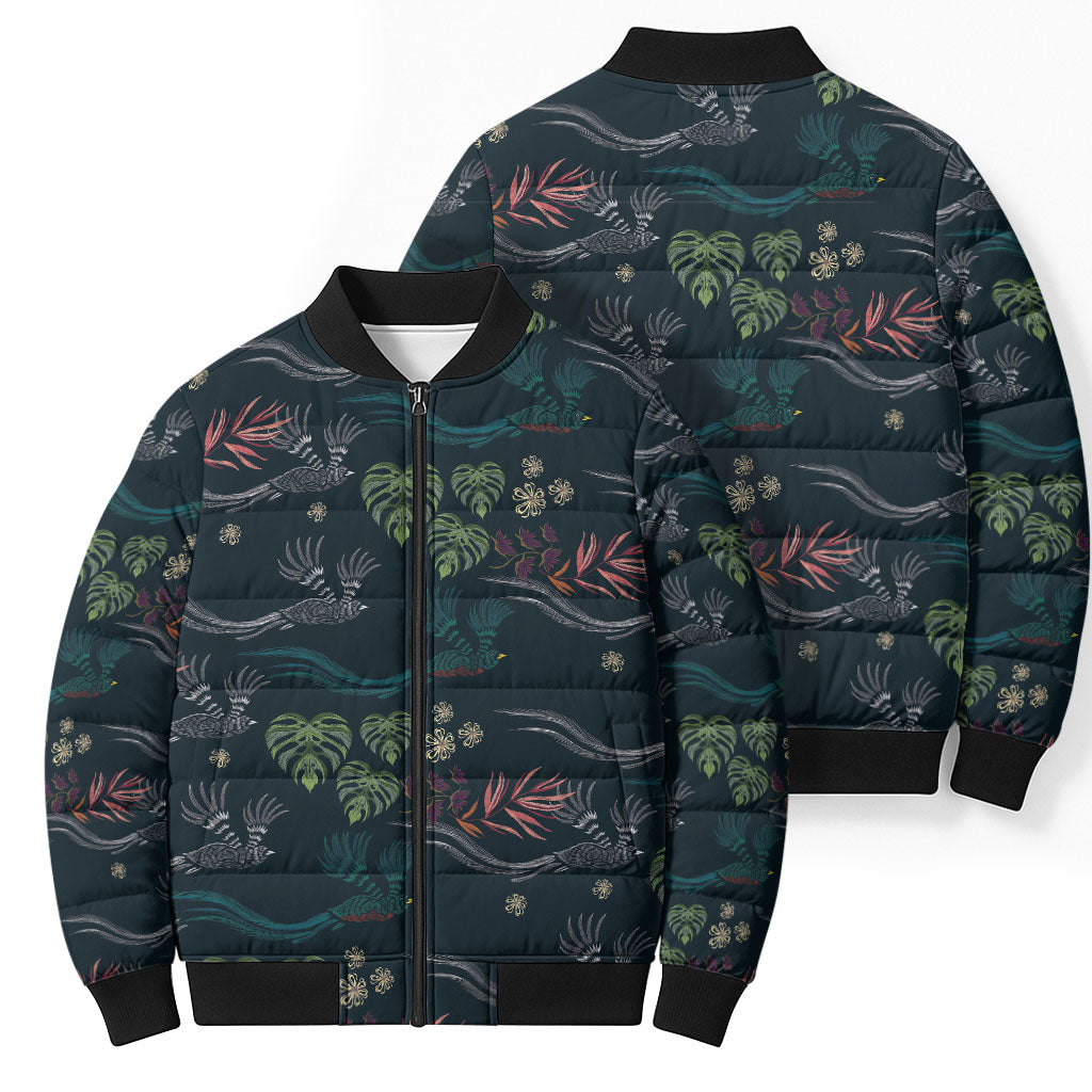 Guatemala Quetzal Bird Pattern Bomber Puffer Jacket Embroidery Effect