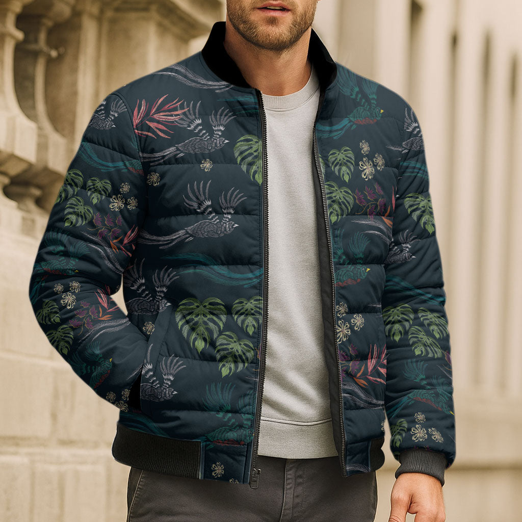 Guatemala Quetzal Bird Pattern Bomber Puffer Jacket Embroidery Effect