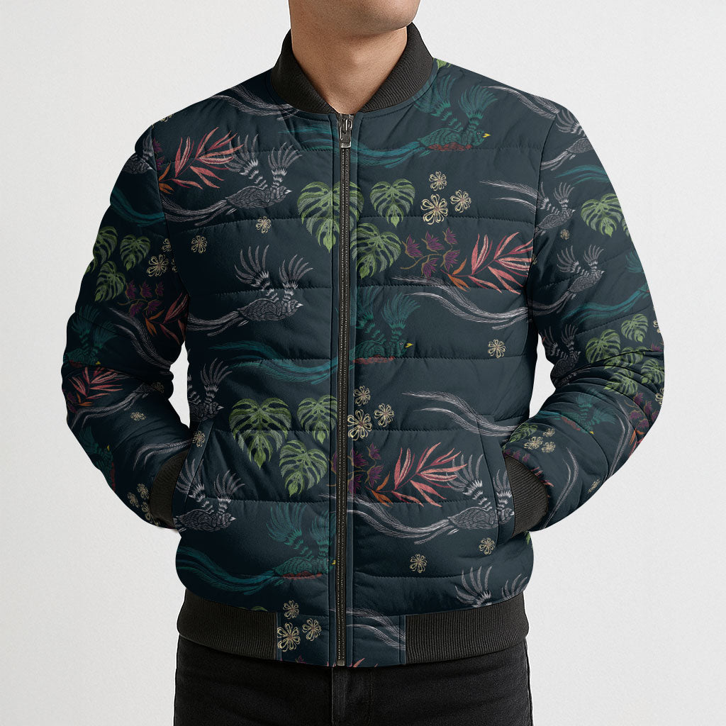 Guatemala Quetzal Bird Pattern Bomber Puffer Jacket Embroidery Effect