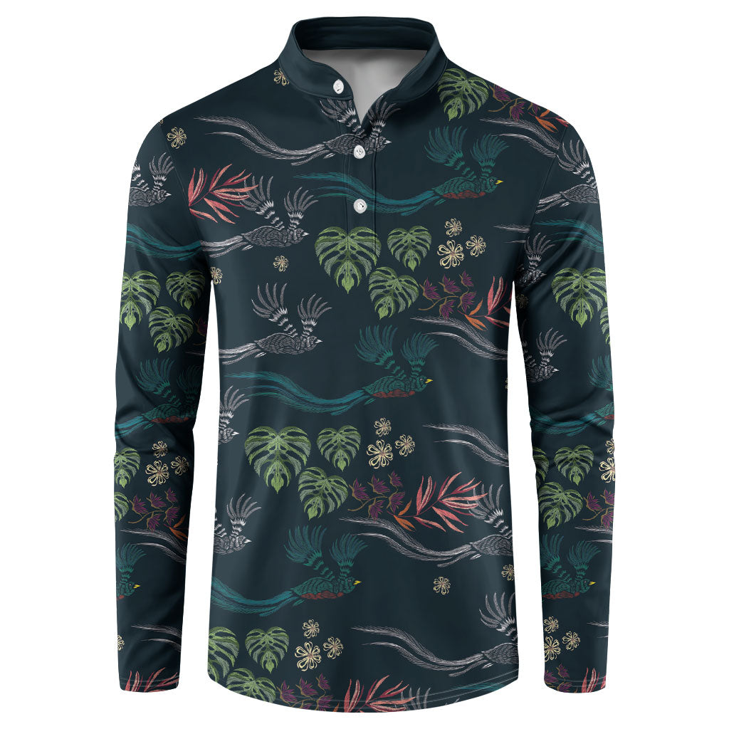 Guatemala Quetzal Bird Pattern Button Sweatshirt Embroidery Effect