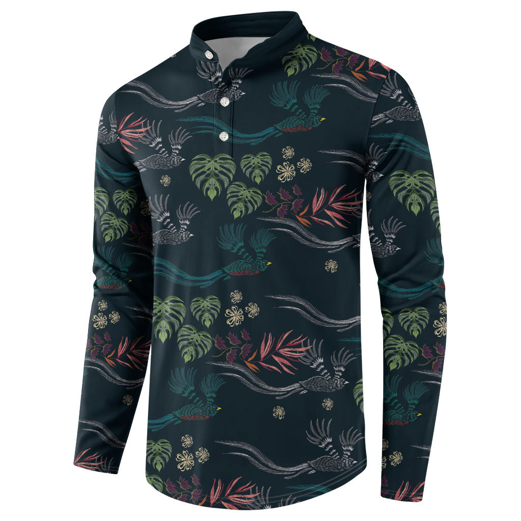 Guatemala Quetzal Bird Pattern Button Sweatshirt Embroidery Effect