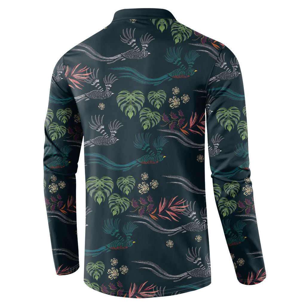 Guatemala Quetzal Bird Pattern Button Sweatshirt Embroidery Effect