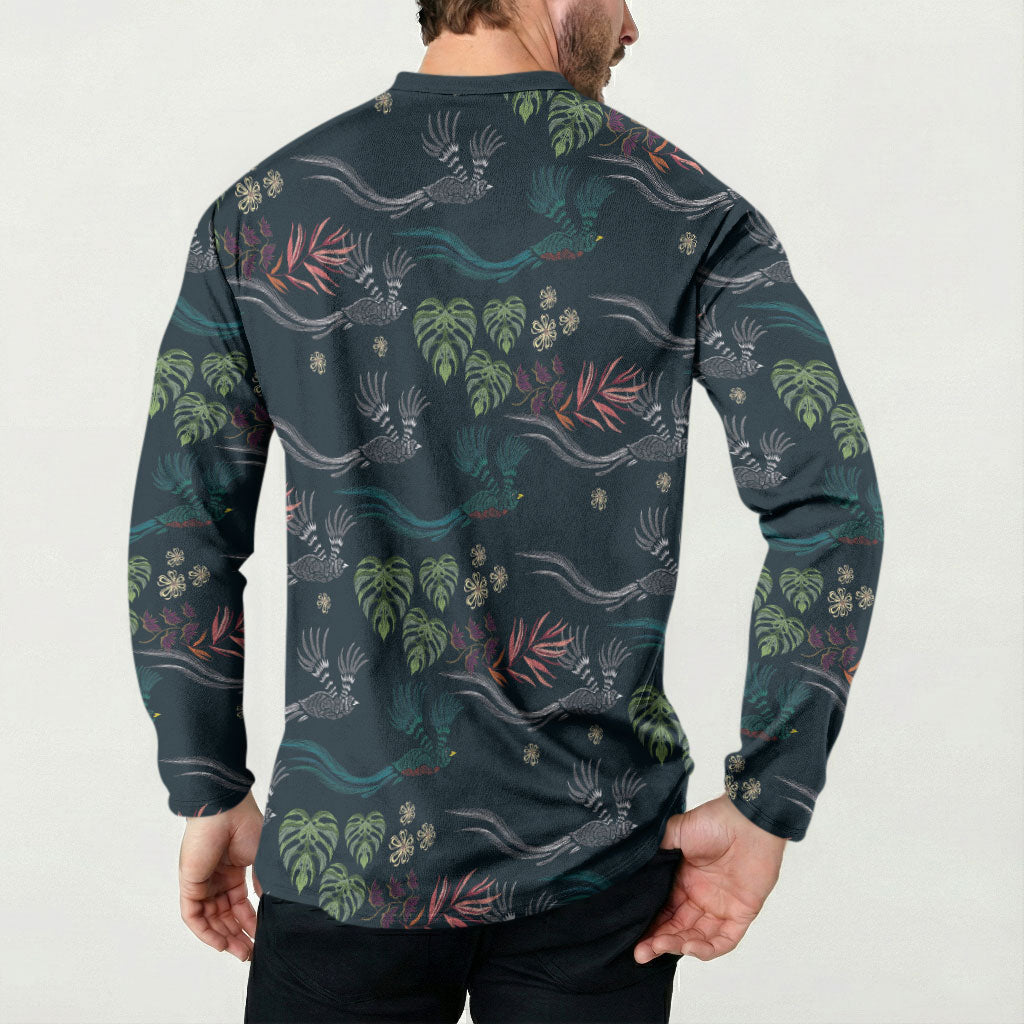 Guatemala Quetzal Bird Pattern Button Sweatshirt Embroidery Effect
