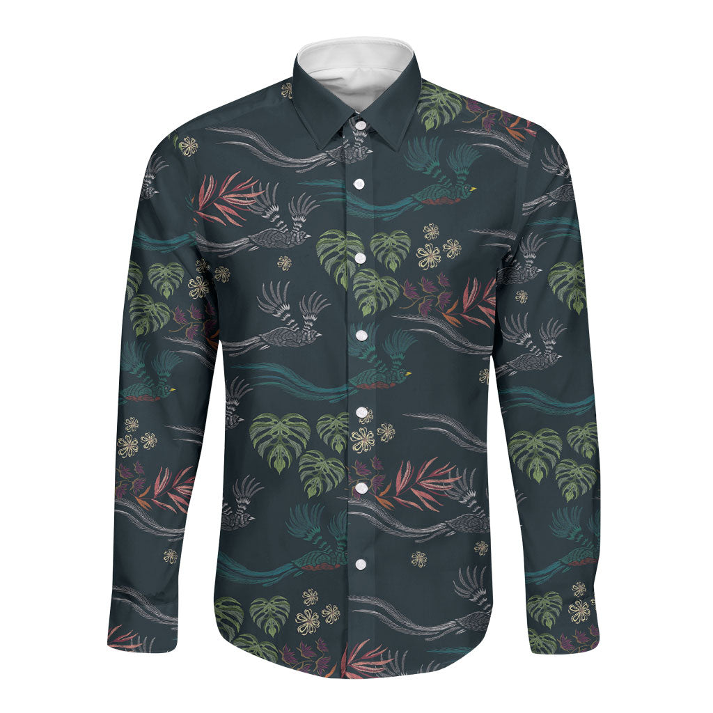 Guatemala Quetzal Bird Pattern Long Sleeve Button Shirt Embroidery Effect