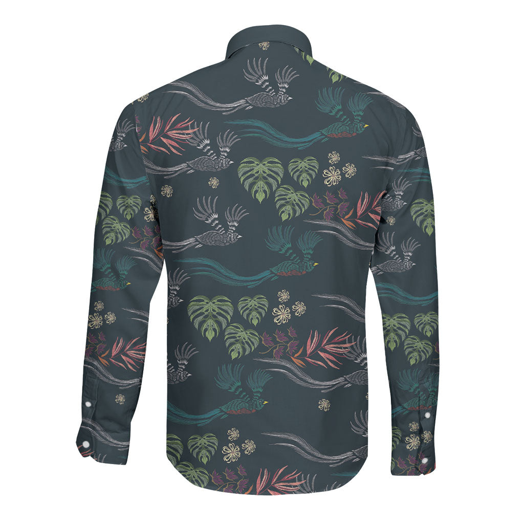 Guatemala Quetzal Bird Pattern Long Sleeve Button Shirt Embroidery Effect