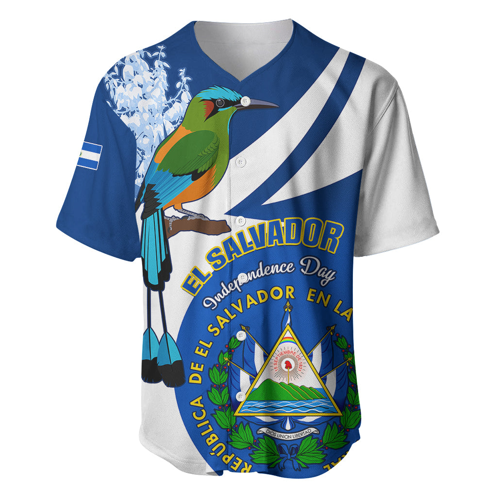 Blue and white baseball jersey with bird graphic, El Salvador badge, V-neck