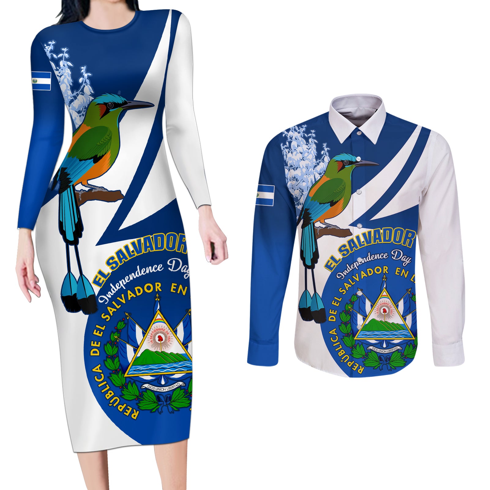 El Salvador Independence Day Couples Matching Long Sleeve Bodycon Dress and Long Sleeve Button Shirts Motmot With Flor De Izote - Wonder Print Shop