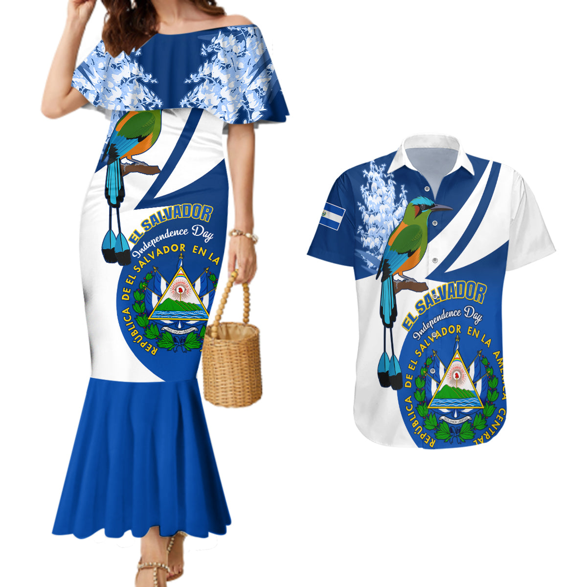 El Salvador Independence Day Couples Matching Mermaid Dress and Hawaiian Shirt Motmot With Flor De Izote - Wonder Print Shop