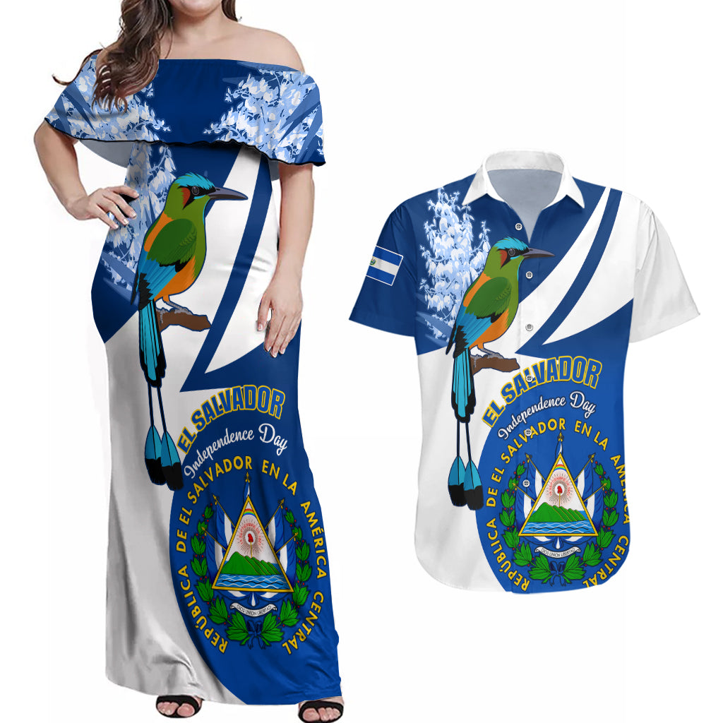 El Salvador Independence Day Couples Matching Off Shoulder Maxi Dress and Hawaiian Shirt Motmot With Flor De Izote - Wonder Print Shop