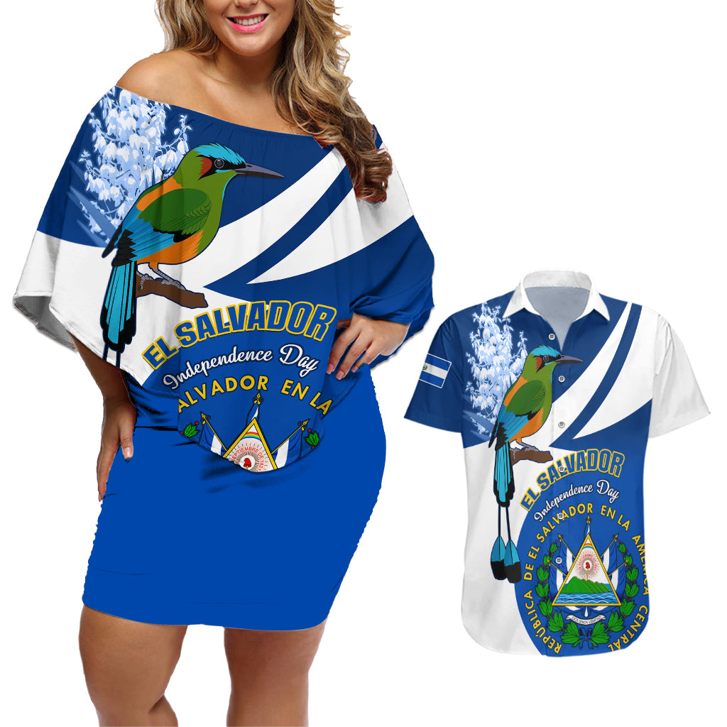 El Salvador Independence Day Couples Matching Off Shoulder Short Dress and Hawaiian Shirt Motmot With Flor De Izote - Wonder Print Shop