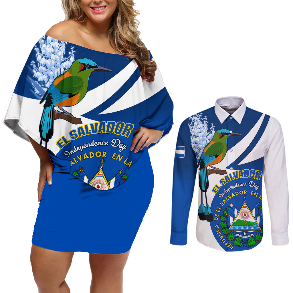 El Salvador Independence Day Couples Matching Off Shoulder Short Dress and Long Sleeve Button Shirts Motmot With Flor De Izote - Wonder Print Shop