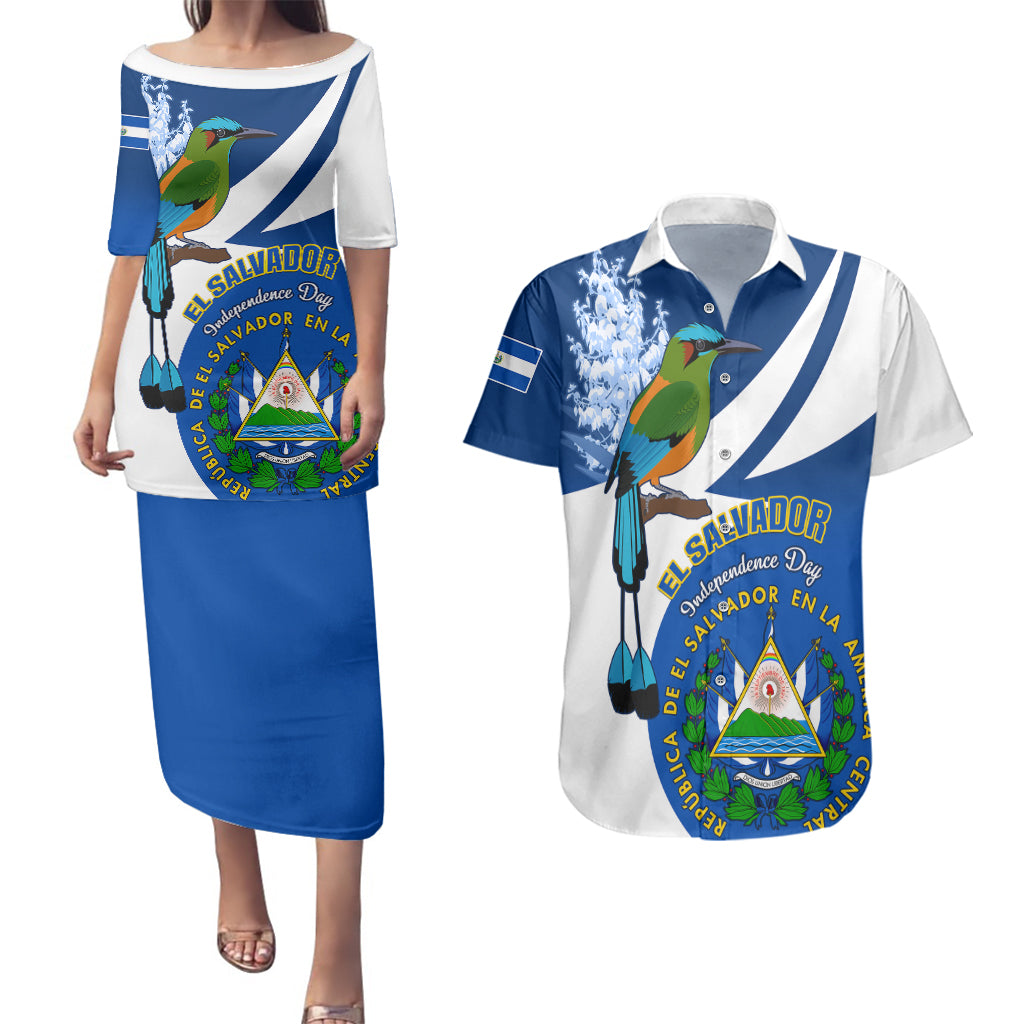 El Salvador Independence Day Couples Matching Puletasi Dress and Hawaiian Shirt Motmot With Flor De Izote - Wonder Print Shop