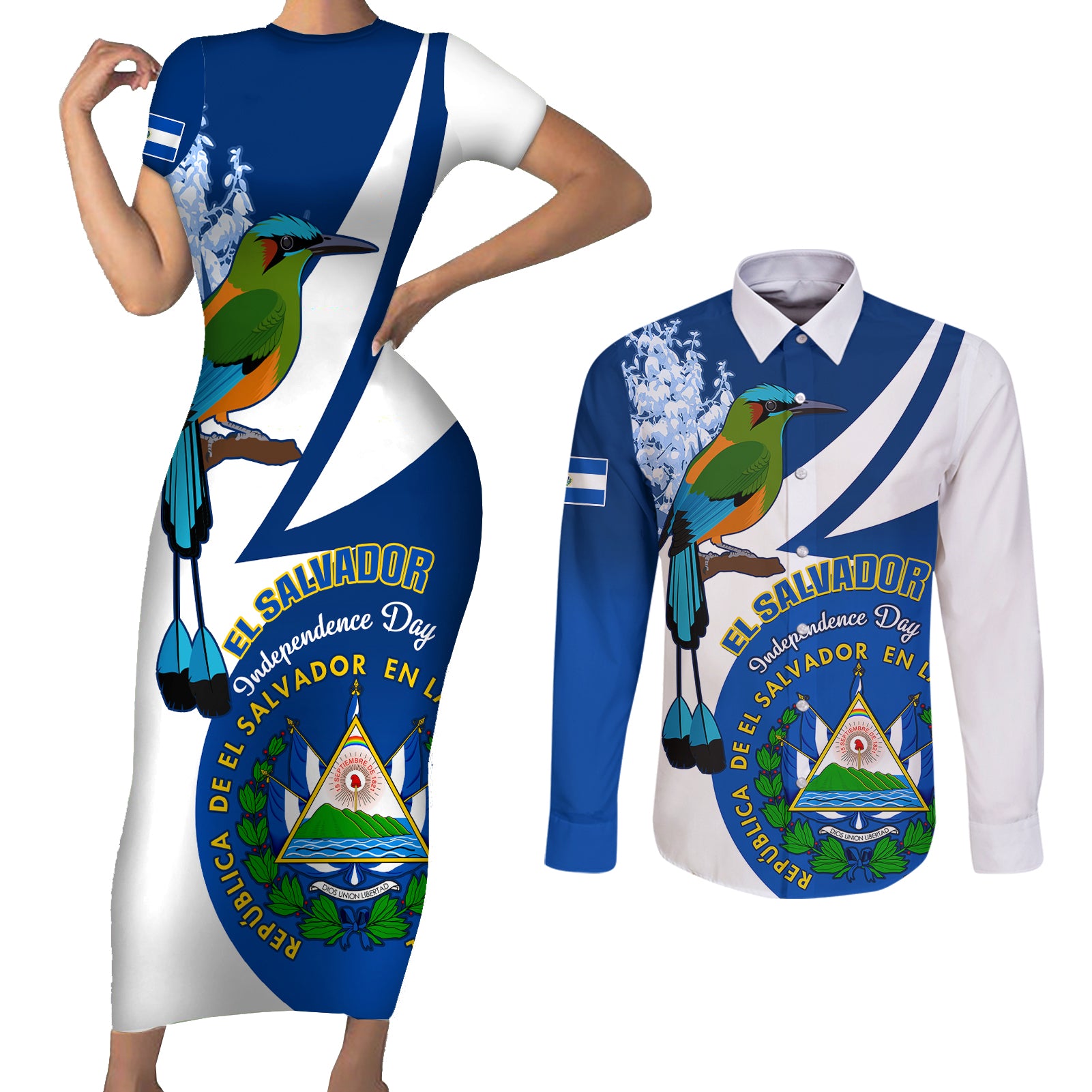 El Salvador Independence Day Couples Matching Short Sleeve Bodycon Dress and Long Sleeve Button Shirts Motmot With Flor De Izote - Wonder Print Shop