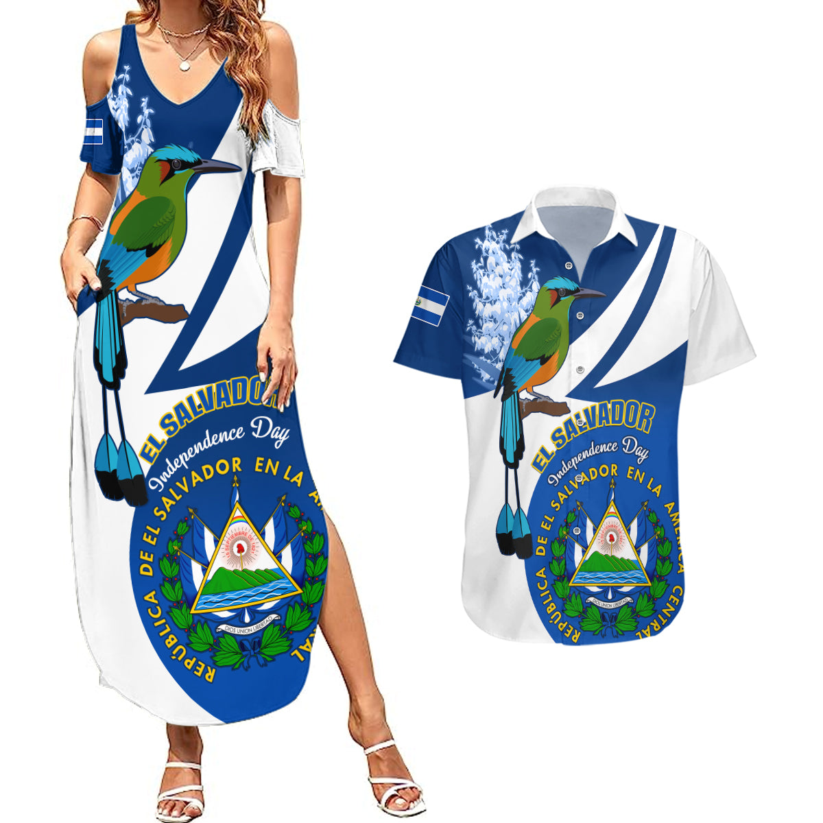 El Salvador Independence Day Couples Matching Summer Maxi Dress and Hawaiian Shirt Motmot With Flor De Izote - Wonder Print Shop