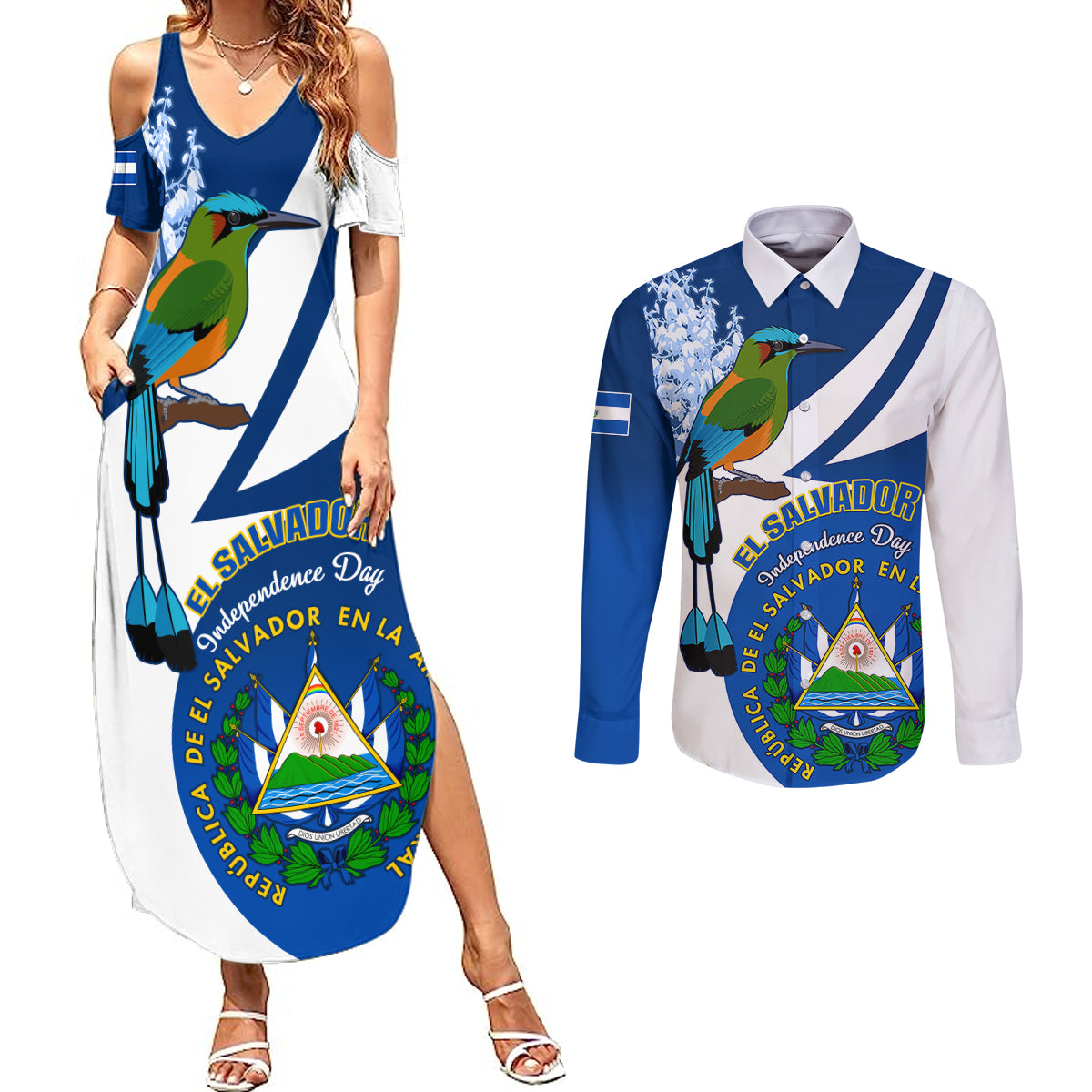 El Salvador Independence Day Couples Matching Summer Maxi Dress and Long Sleeve Button Shirts Motmot With Flor De Izote - Wonder Print Shop