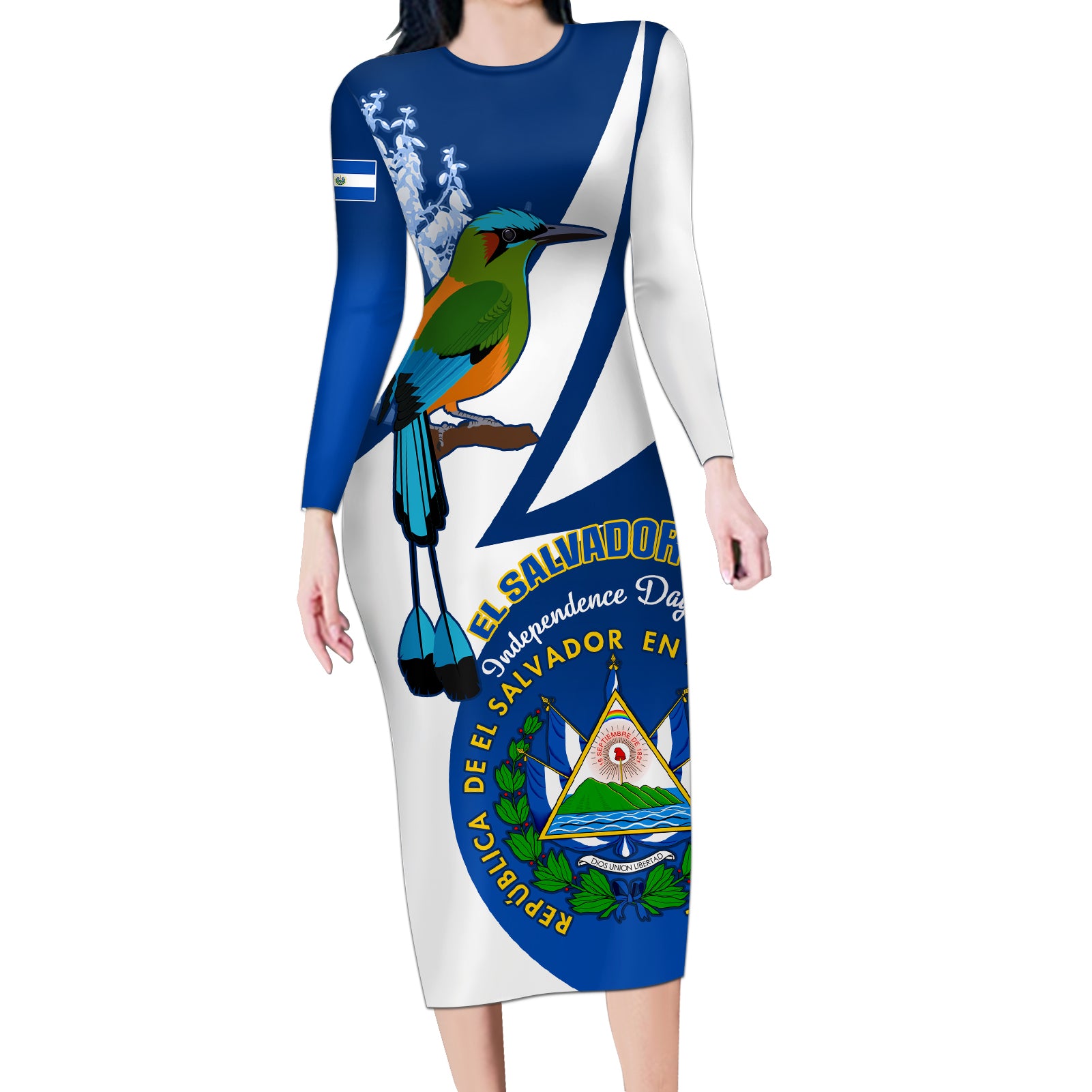 El Salvador Independence Day Long Sleeve Bodycon Dress Motmot With Flor De Izote - Wonder Print Shop