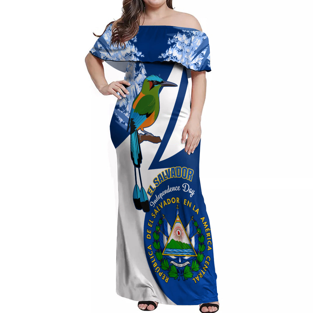 El Salvador Independence Day Off Shoulder Maxi Dress Motmot With Flor De Izote - Wonder Print Shop