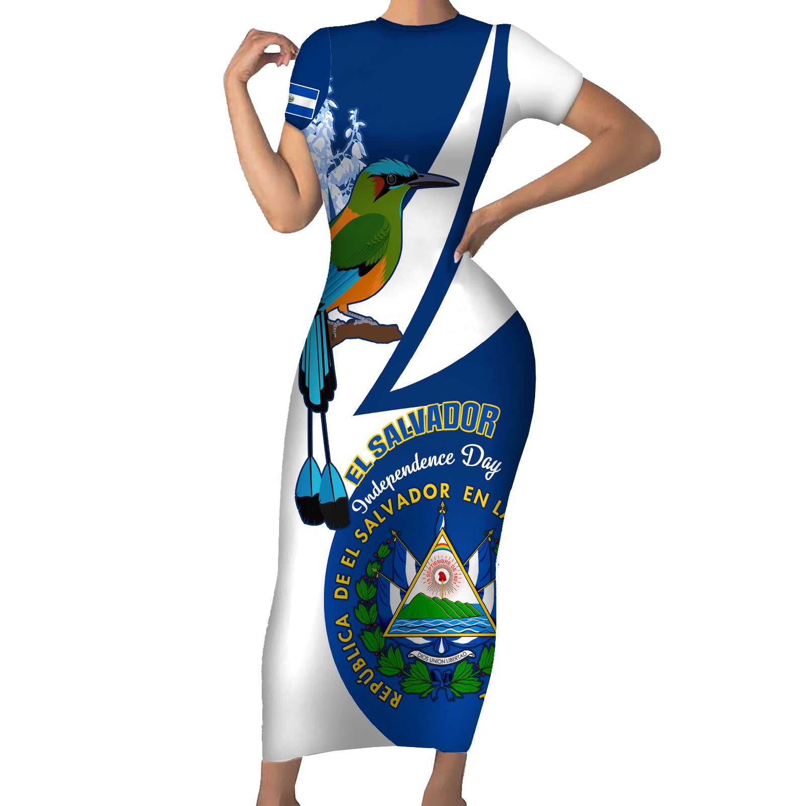 El Salvador Independence Day Short Sleeve Bodycon Dress Motmot With Flor De Izote - Wonder Print Shop