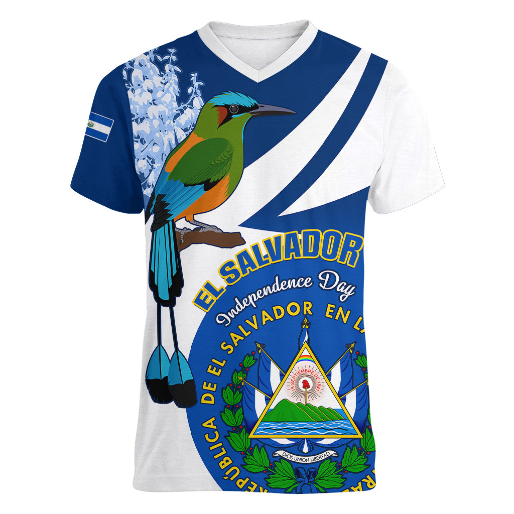 El Salvador Independence Day Women V Neck T Shirt Motmot With Flor De Izote - Wonder Print Shop