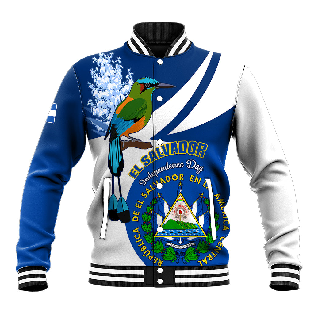 Blue baseball varsity jacket with white stripes, bird crest graphic, snap button front