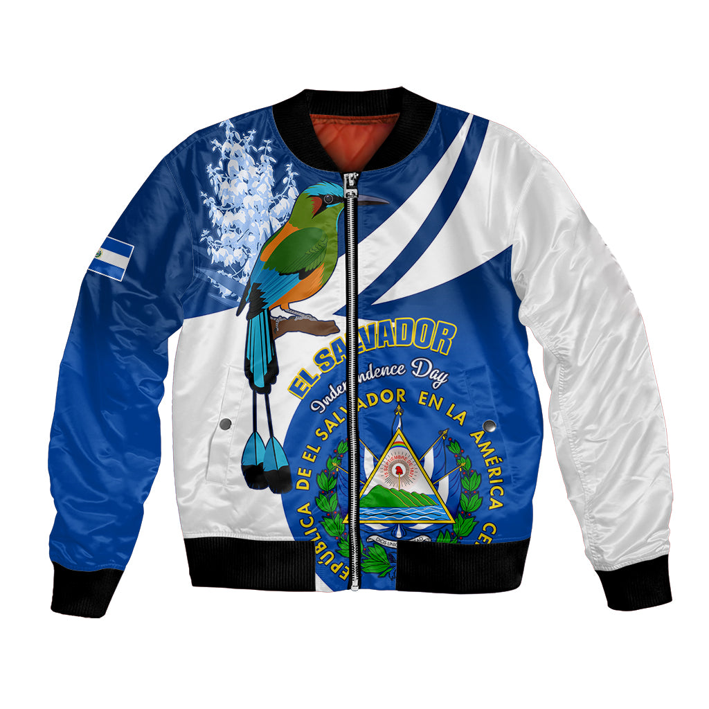 Unisex bomber jacket with blue and white panels, front zip, bird and floral graphic