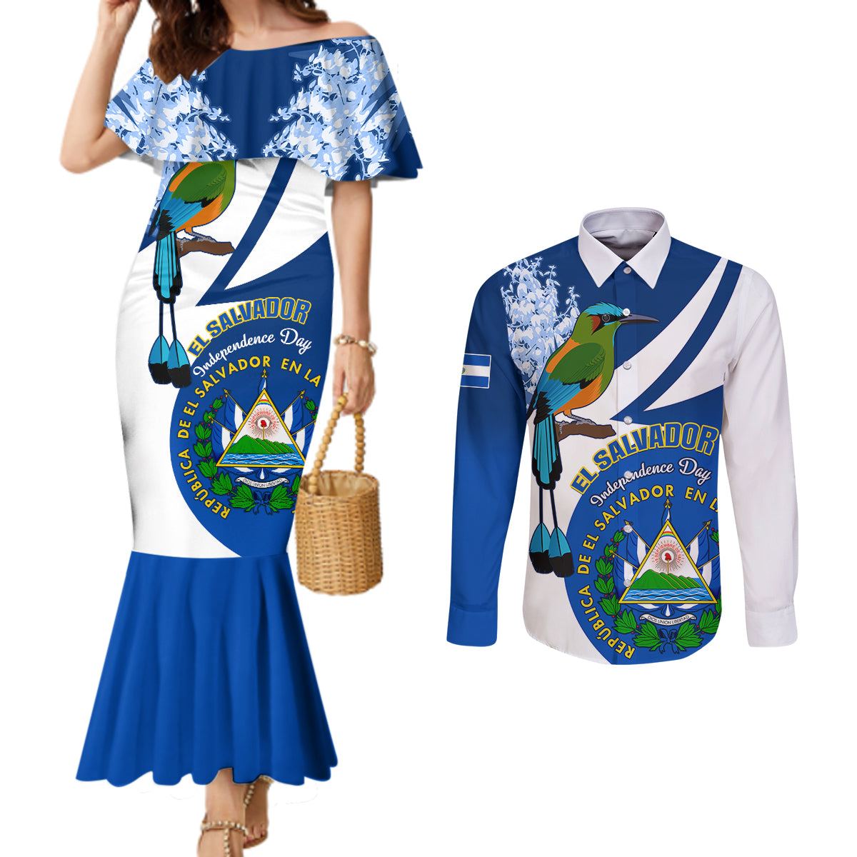 personalised-el-salvador-independence-day-couples-matching-mermaid-dress-and-long-sleeve-button-shirts-motmot-with-flor-de-izote