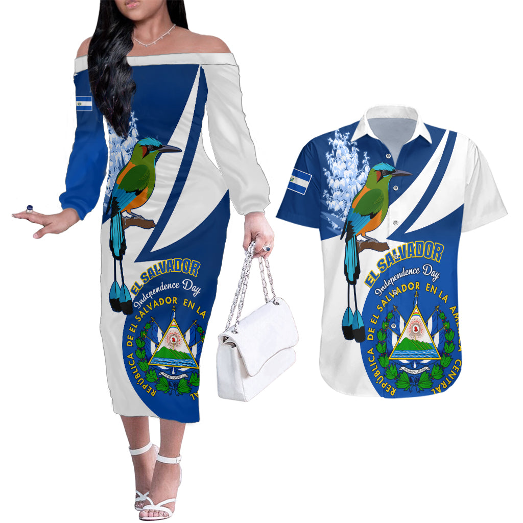 Personalised El Salvador Independence Day Couples Matching Off The Shoulder Long Sleeve Dress and Hawaiian Shirt Motmot With Flor De Izote - Wonder Print Shop