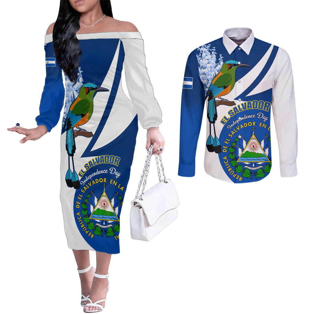 personalised-el-salvador-independence-day-couples-matching-off-the-shoulder-long-sleeve-dress-and-long-sleeve-button-shirts-motmot-with-flor-de-izote