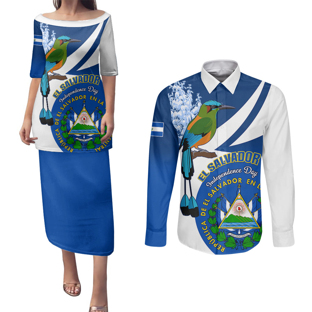 Personalised El Salvador Independence Day Couples Matching Puletasi Dress and Long Sleeve Button Shirts Motmot With Flor De Izote - Wonder Print Shop