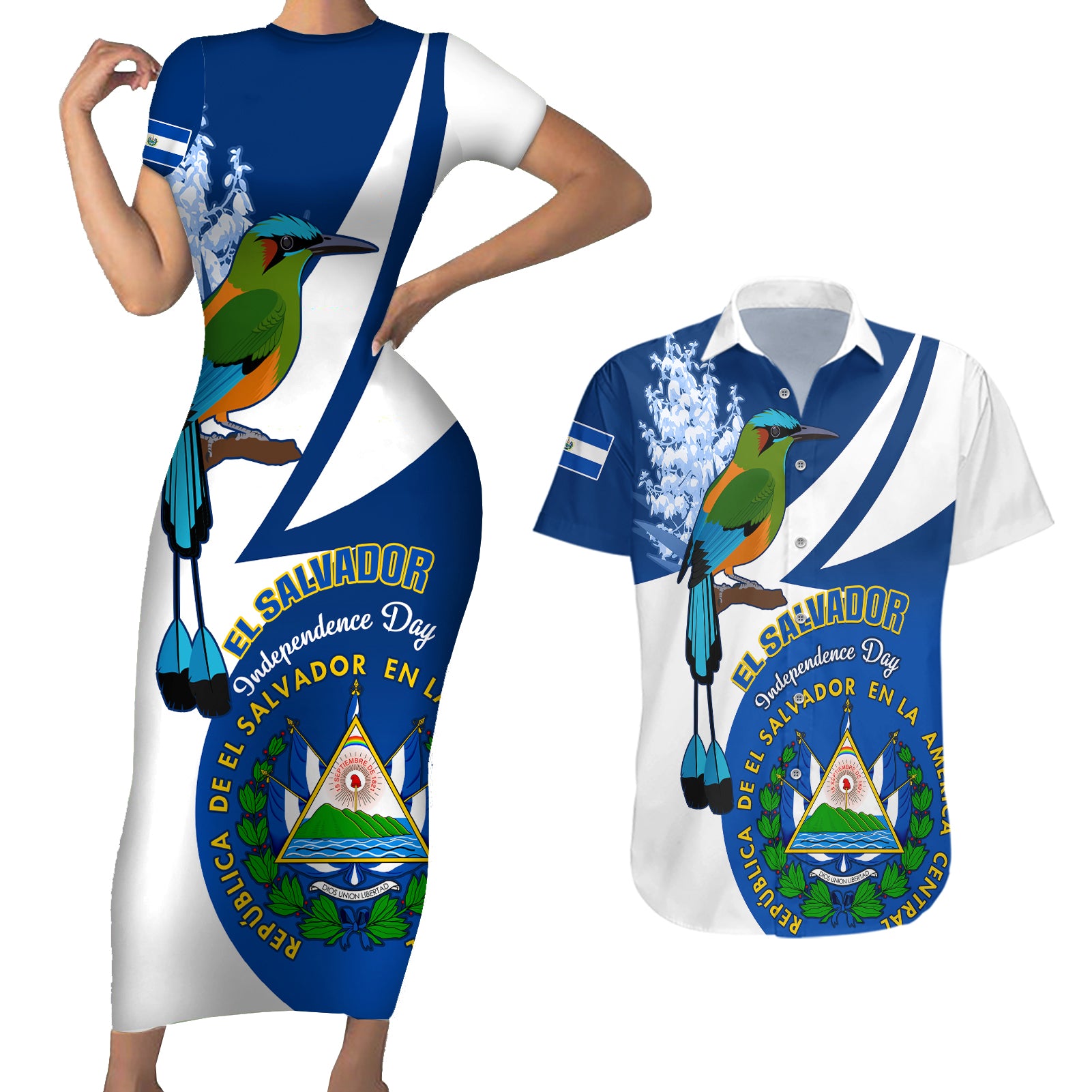 Personalised El Salvador Independence Day Couples Matching Short Sleeve Bodycon Dress and Hawaiian Shirt Motmot With Flor De Izote - Wonder Print Shop