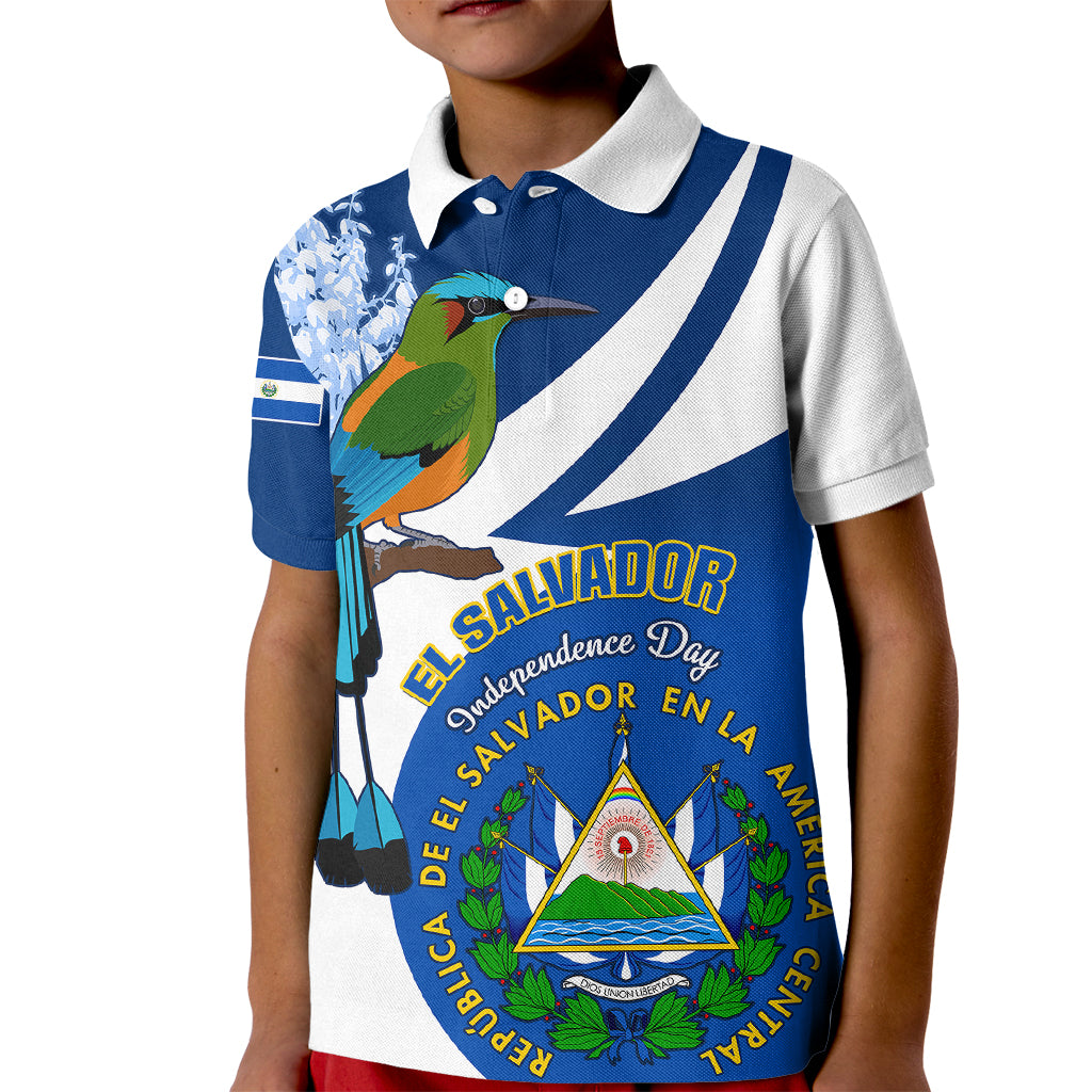 Personalised El Salvador Independence Day Kid Polo Shirt Motmot With Flor De Izote - Wonder Print Shop