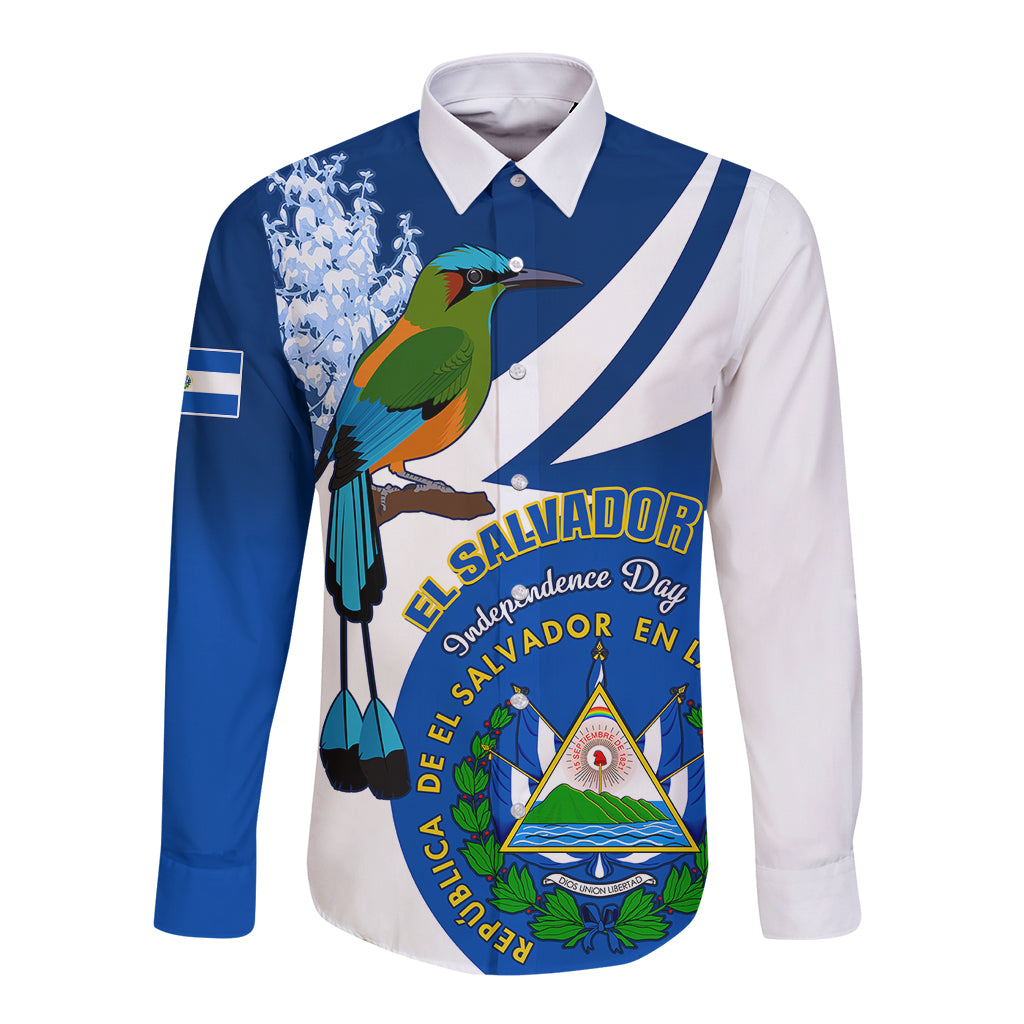 Blue and white long-sleeve button shirt with bird graphic and El Salvador badge