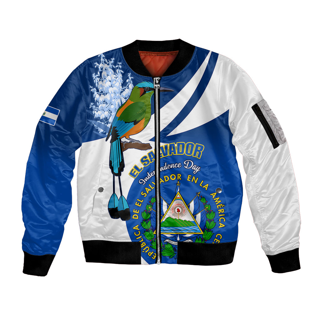 Two-tone blue and white zip bomber jacket with parrot graphic and striped sleeves
