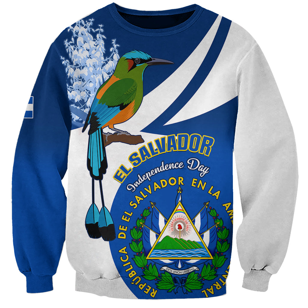 Unisex blue and gray sweatshirt with bird graphic and El Salvador crest print