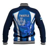 Unisex navy baseball jacket with ribbed hem and back thistle lion crest graphic