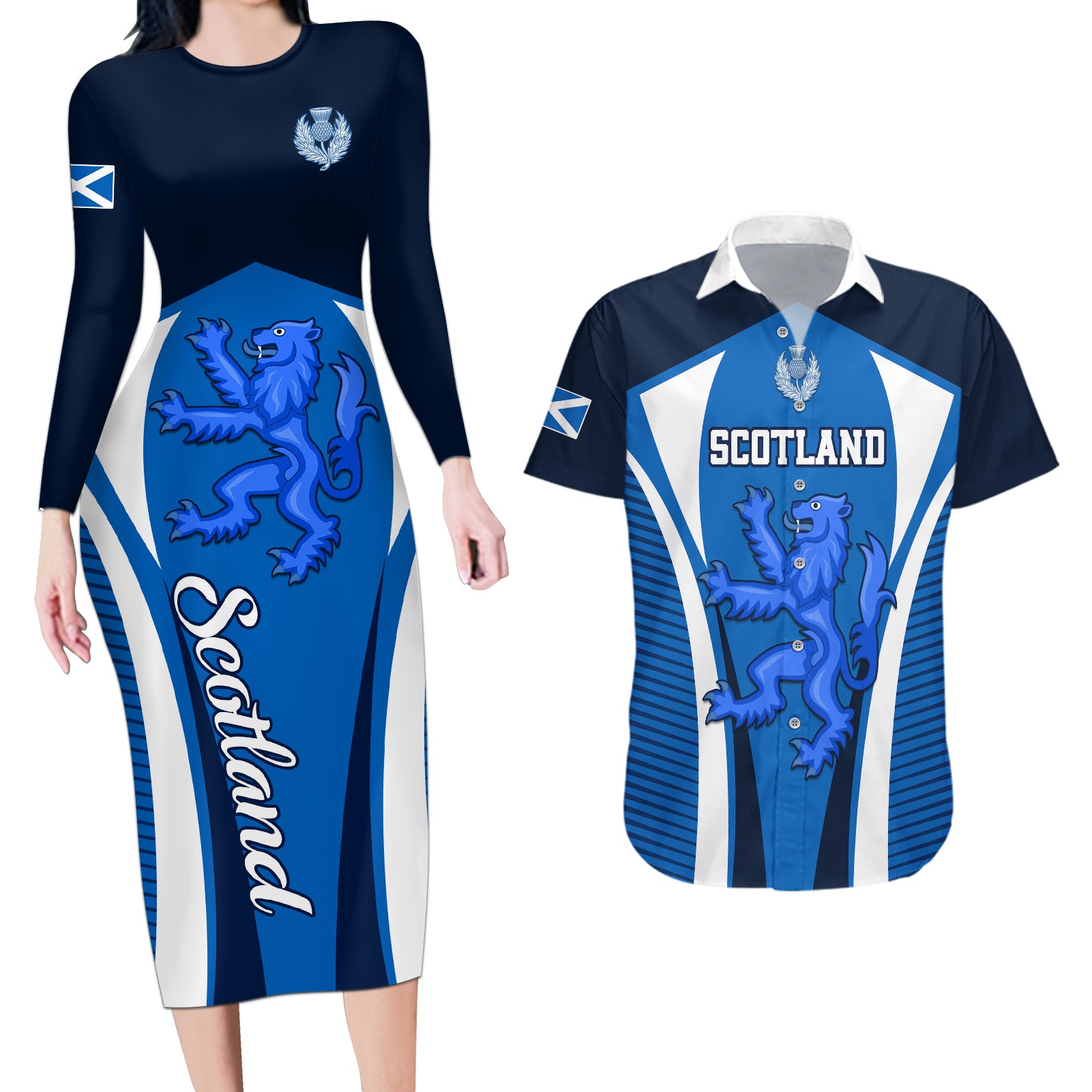 Scotland Rugby Couples Matching Long Sleeve Bodycon Dress and Hawaiian Shirt Thistle With Scottish Lion - Wonder Print Shop