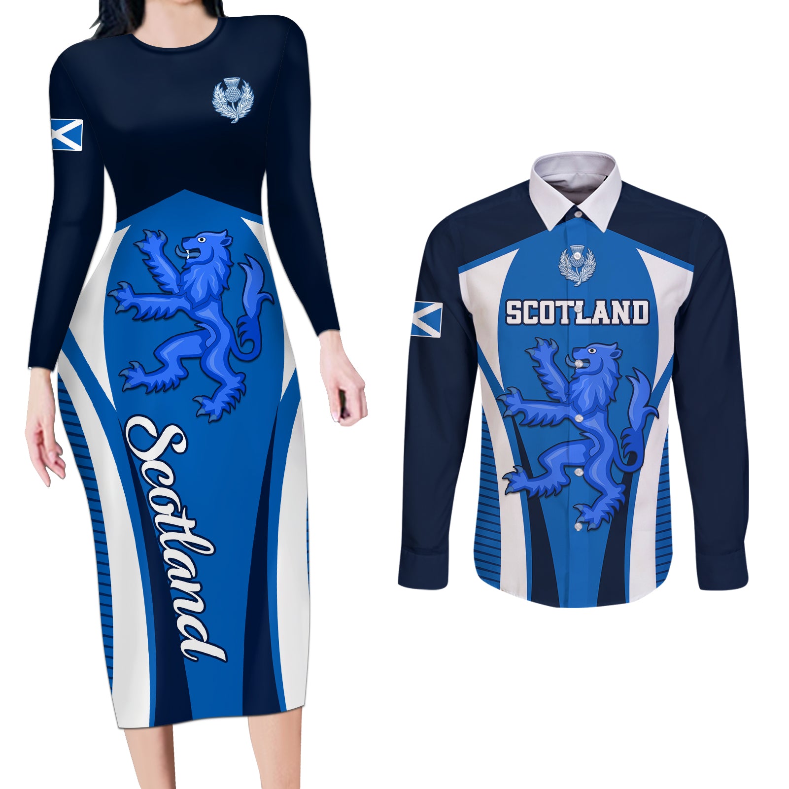 Scotland Rugby Couples Matching Long Sleeve Bodycon Dress and Long Sleeve Button Shirts Thistle With Scottish Lion - Wonder Print Shop