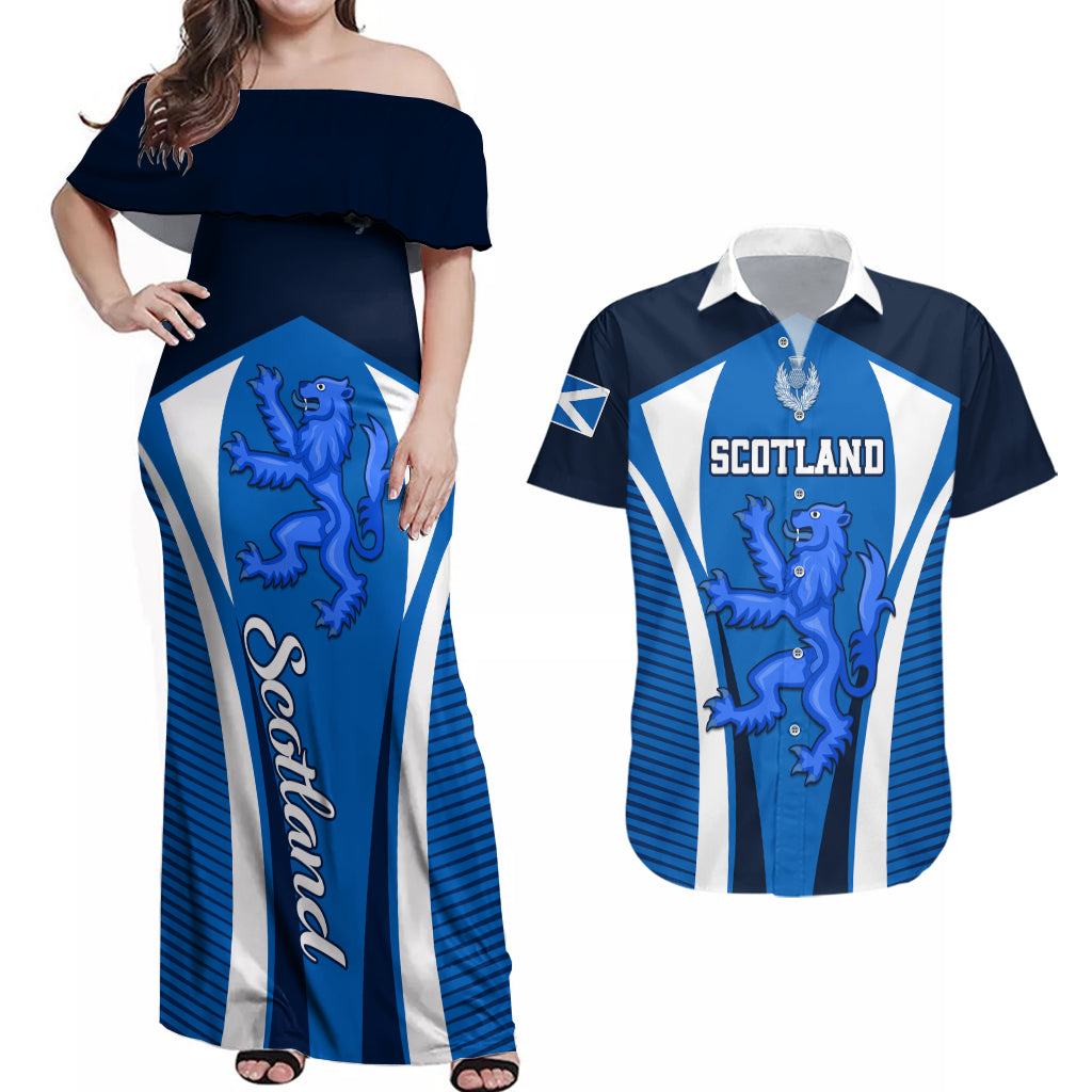 Scotland Rugby Couples Matching Off Shoulder Maxi Dress and Hawaiian Shirt Thistle With Scottish Lion - Wonder Print Shop