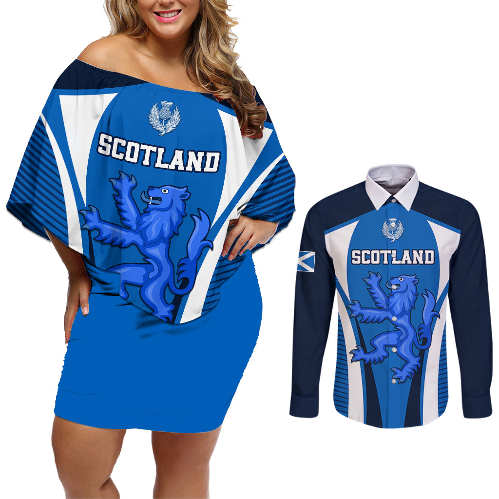 Scotland Rugby Couples Matching Off Shoulder Short Dress and Long Sleeve Button Shirts Thistle With Scottish Lion - Wonder Print Shop