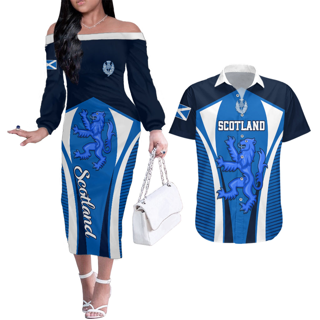 Scotland Rugby Couples Matching Off The Shoulder Long Sleeve Dress and Hawaiian Shirt Thistle With Scottish Lion - Wonder Print Shop