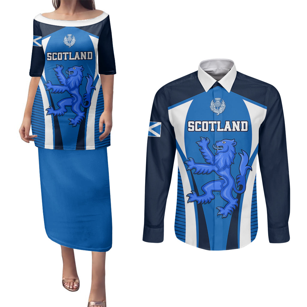 Scotland Rugby Couples Matching Puletasi Dress and Long Sleeve Button Shirts Thistle With Scottish Lion - Wonder Print Shop