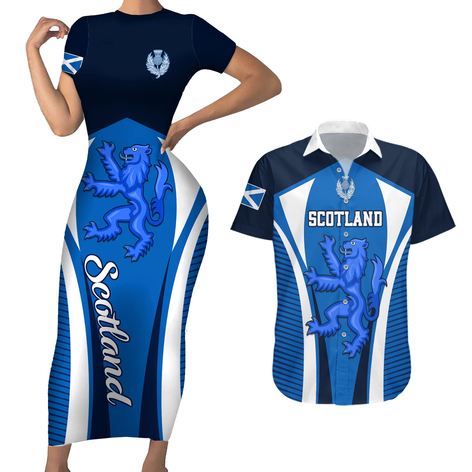 Scotland Rugby Couples Matching Short Sleeve Bodycon Dress and Hawaiian Shirt Thistle With Scottish Lion - Wonder Print Shop