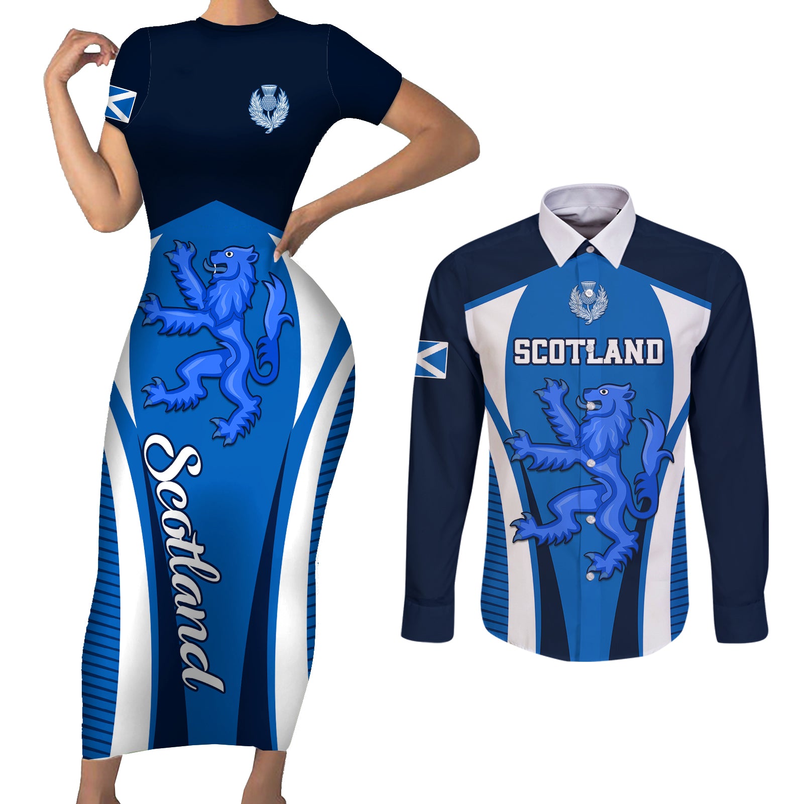 Scotland Rugby Couples Matching Short Sleeve Bodycon Dress and Long Sleeve Button Shirts Thistle With Scottish Lion - Wonder Print Shop