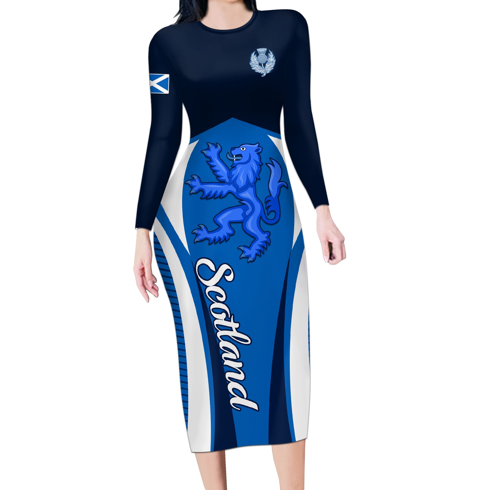 Scotland Rugby Long Sleeve Bodycon Dress Thistle With Scottish Lion - Wonder Print Shop